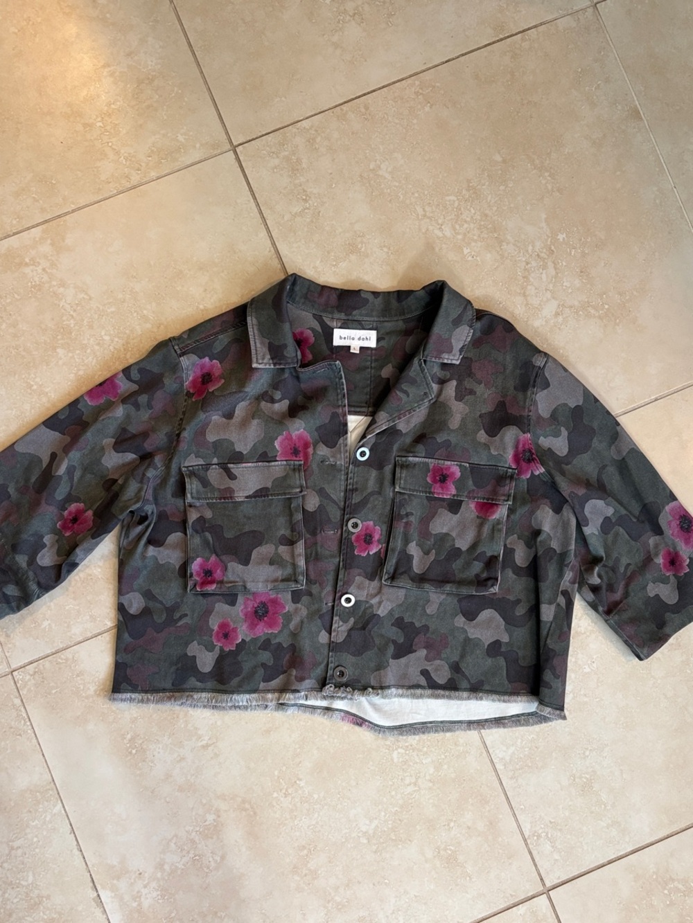 Bella Dahl Women’s Camo Jacket with Pink Floral Accents